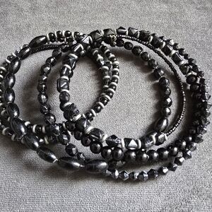 Black Hematite Beaded Stretch Bracelet Set - Women Jewelry